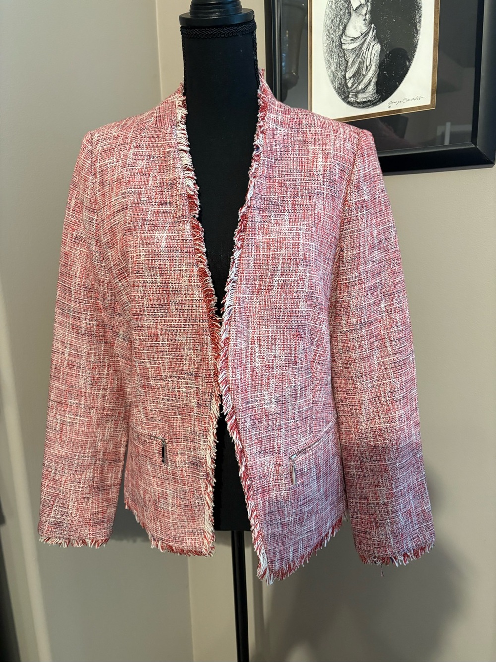 Ivanka Trump Pink and White Tweed Fringe-Trim Open Blazer